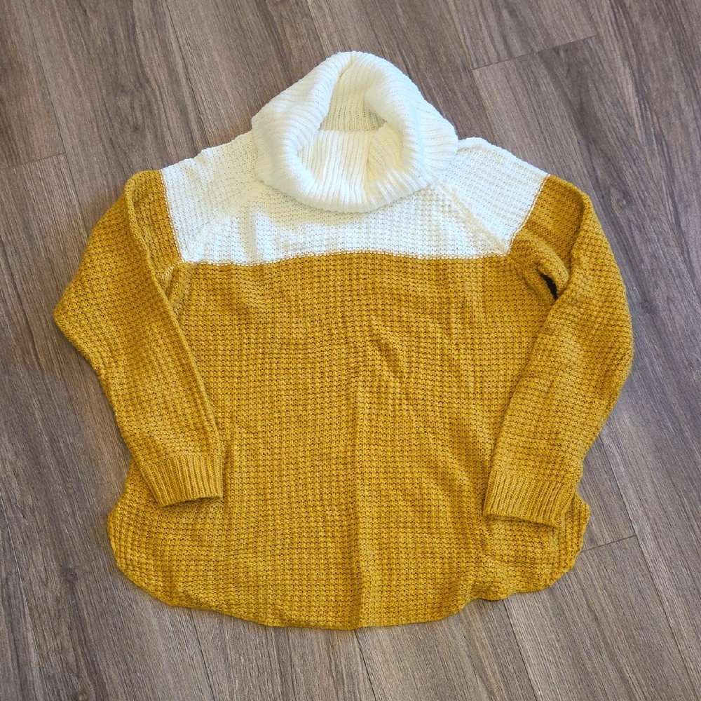It's Our Time Mustard and Cream Cowl Neck Sweater